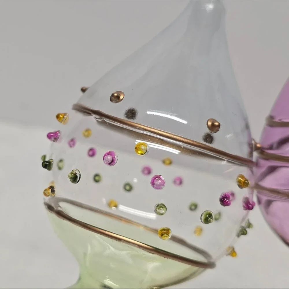 2 Hand Blown Lime Art Glass Finial Christmas Ornament Raised Polka Dots Trim 7